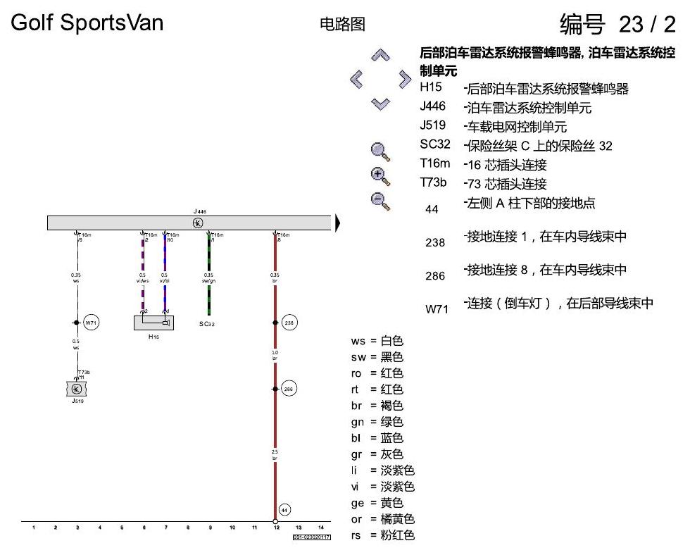 一汽大众高尔夫嘉旅 不带泊车辅助转向的 PDC 电路图