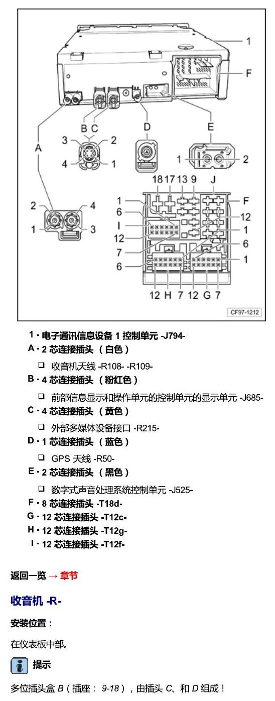 一汽大众高尔夫嘉旅 车辆中部的控制单元 电路图