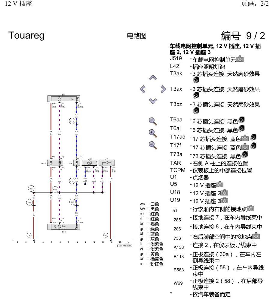 进口大众途锐 12 V 插座 电路图