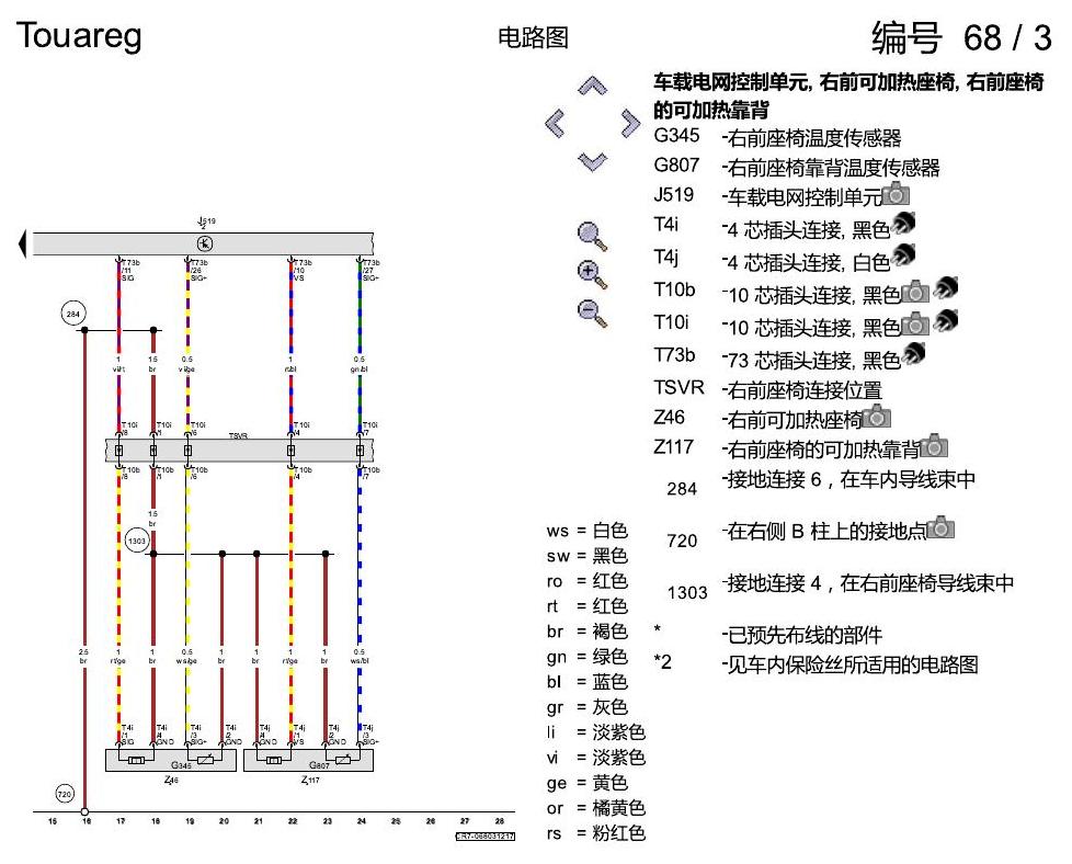 进口大众途锐 前部座椅加热 , (4A3),(4A4) 电路图