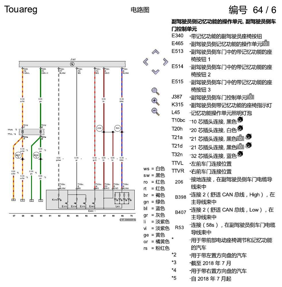 进口大众途锐 副驾驶员座椅 电路图