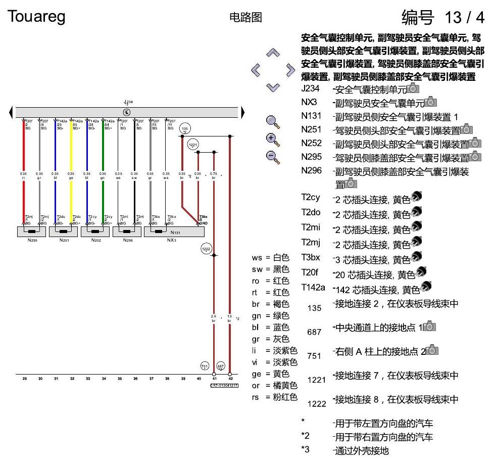 进口大众途锐 安全气囊系统 电路图