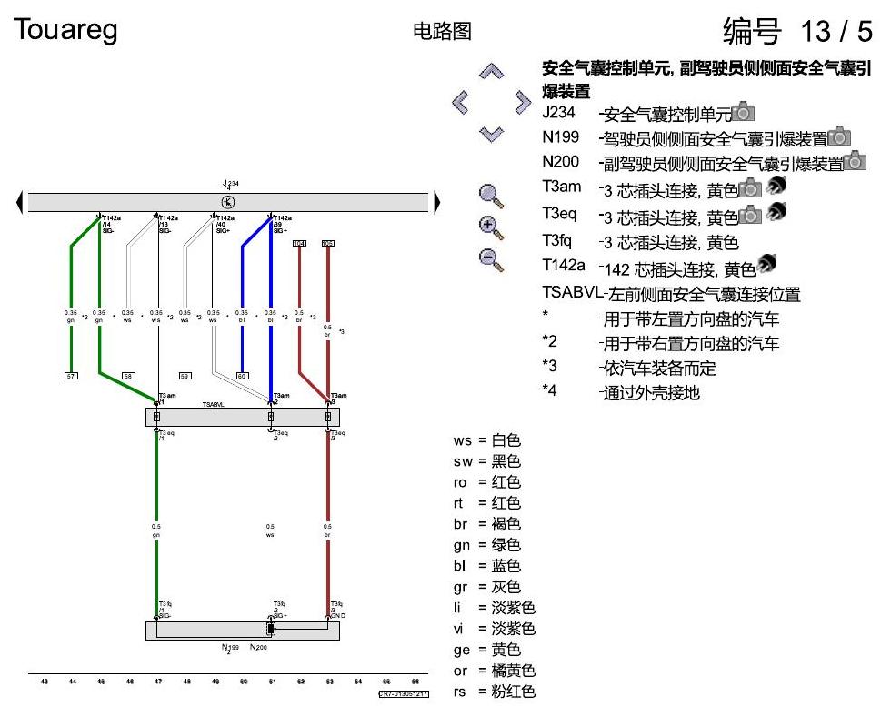 进口大众途锐 安全气囊系统 电路图