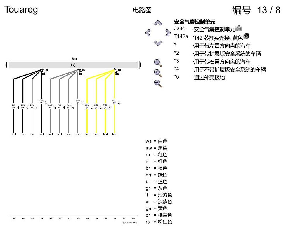 进口大众途锐 安全气囊系统 电路图