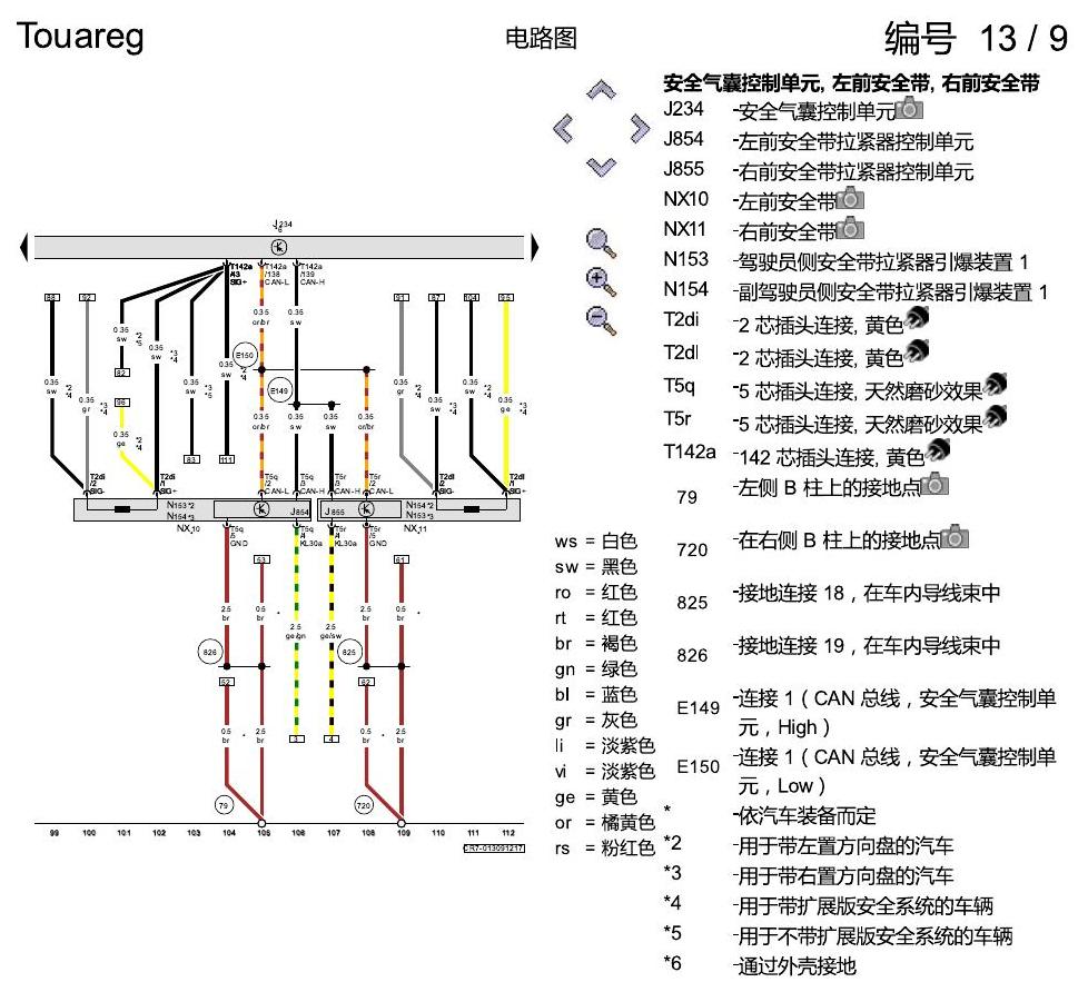 进口大众途锐 安全气囊系统 电路图