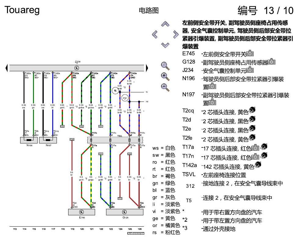 进口大众途锐 安全气囊系统 电路图