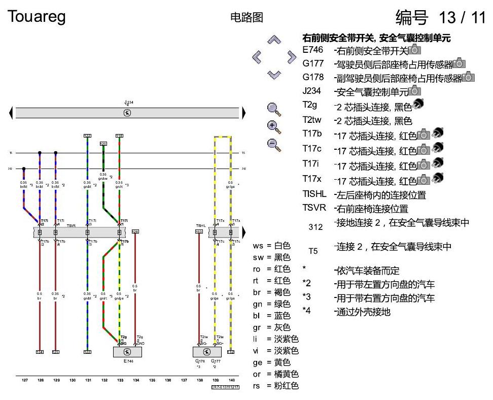 进口大众途锐 安全气囊系统 电路图