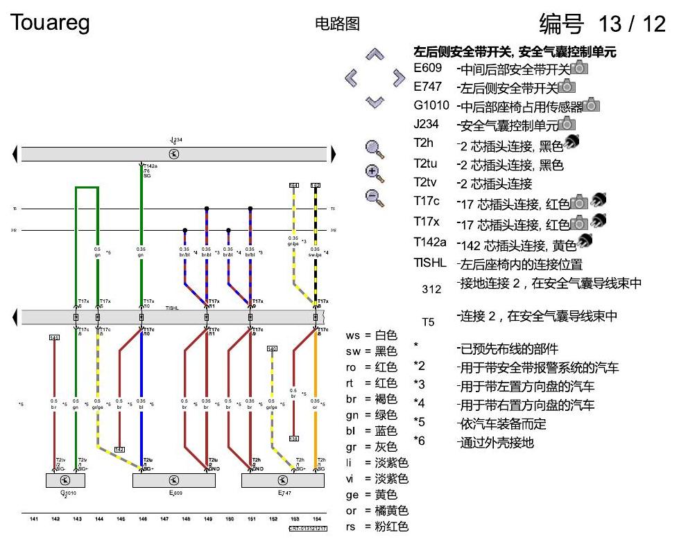 进口大众途锐 安全气囊系统 电路图