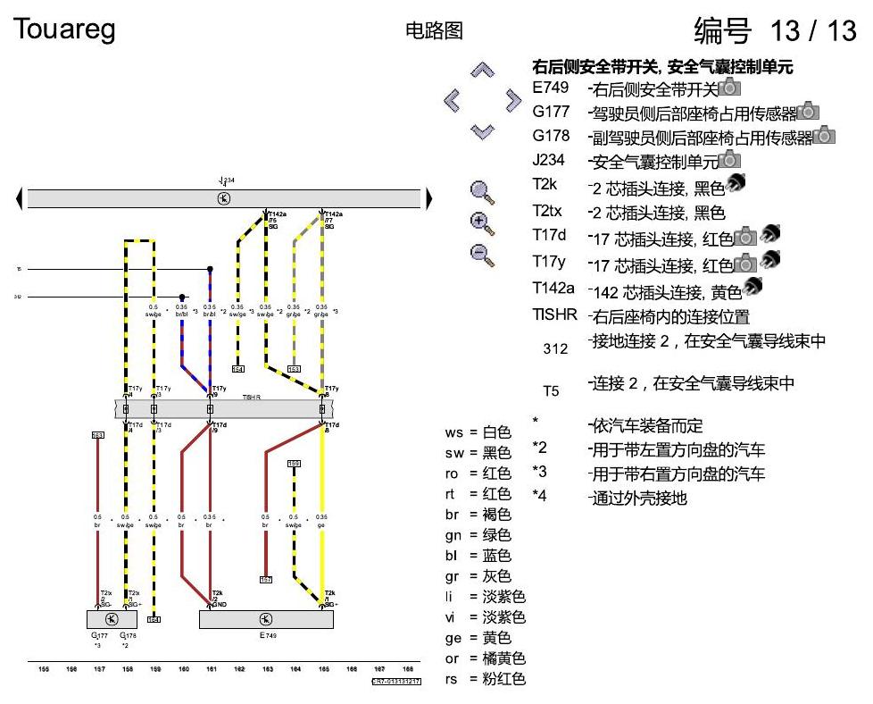 进口大众途锐 安全气囊系统 电路图
