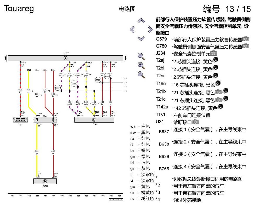 进口大众途锐 安全气囊系统 电路图