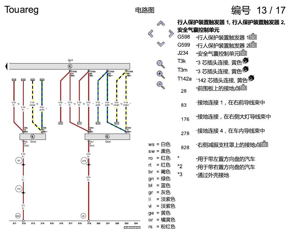 进口大众途锐 安全气囊系统 电路图