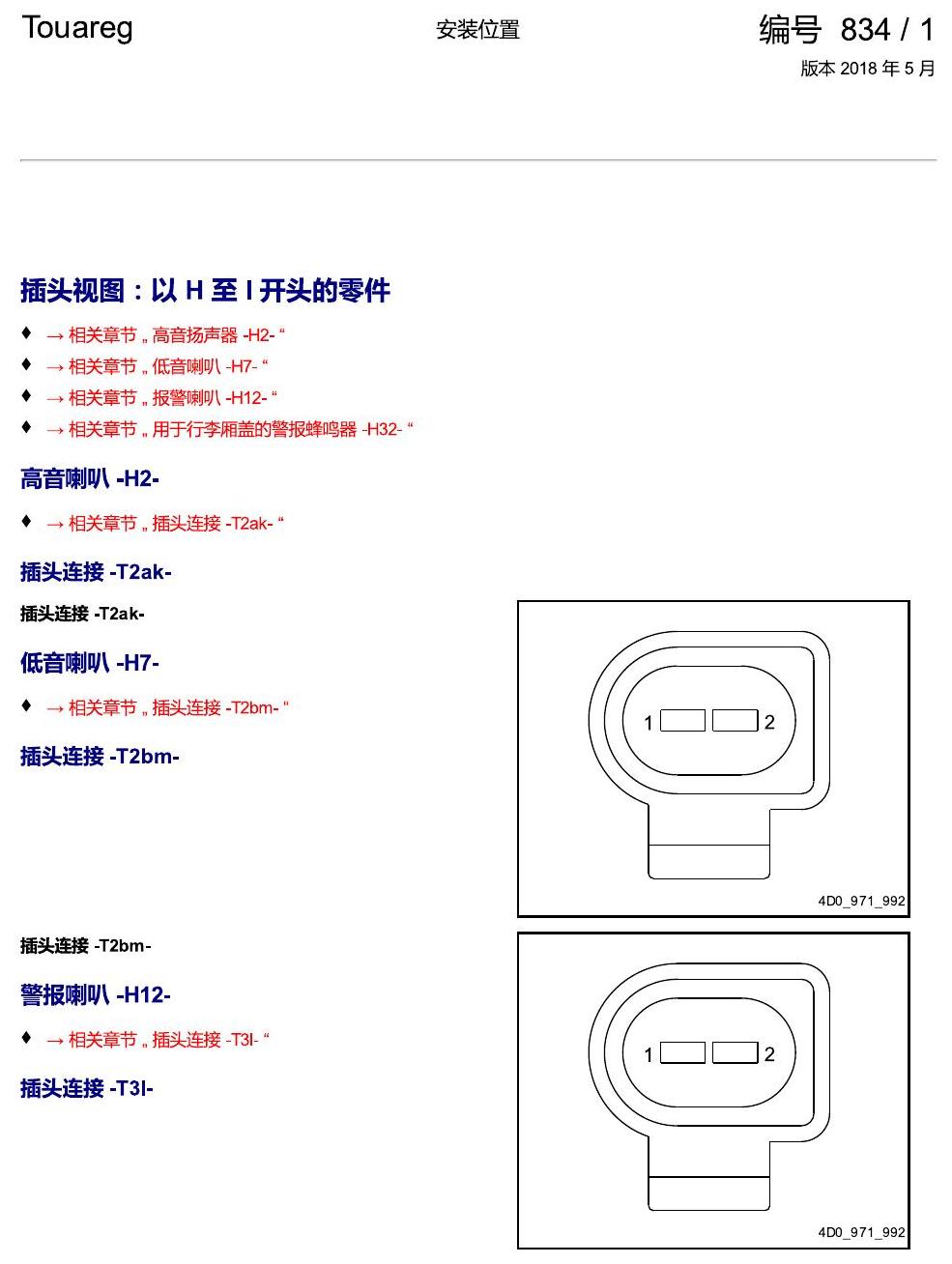进口大众途锐 以 H 至 I 开头的零件 电路图
