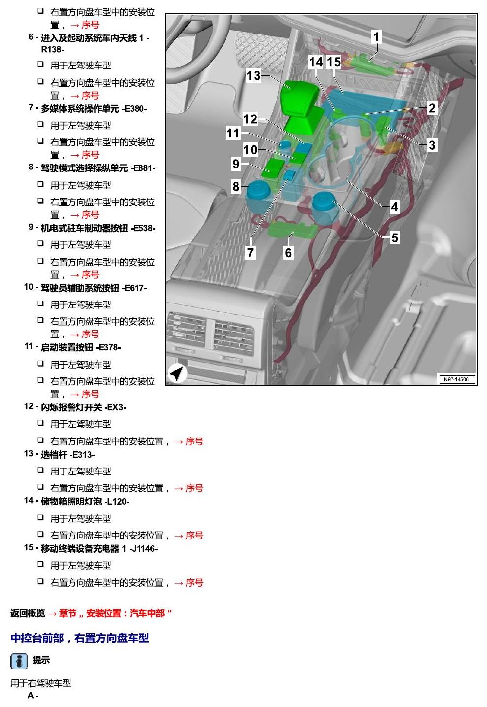 进口大众途锐 汽车中部 电路图
