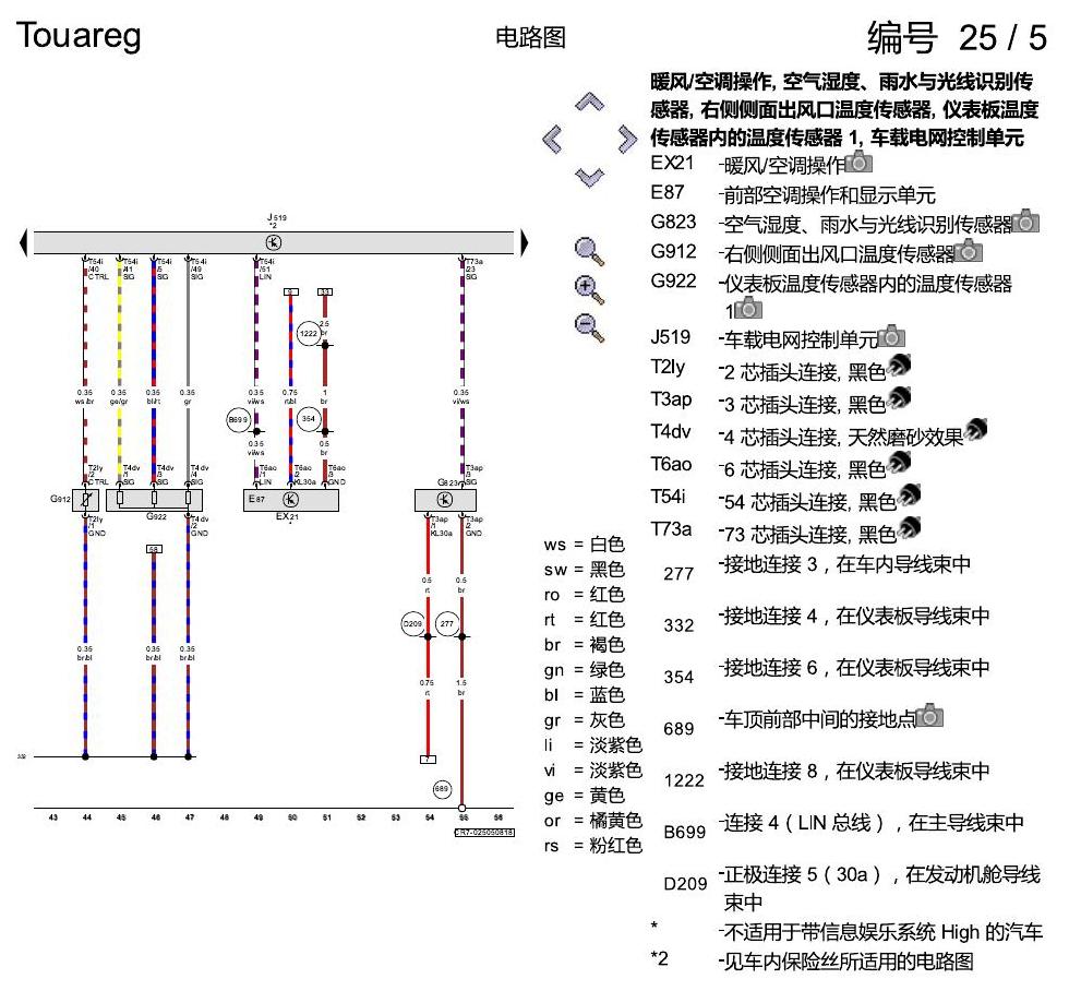 进口大众途锐 带 2 区温度调节的全自动空调 , (9AD) 电路图