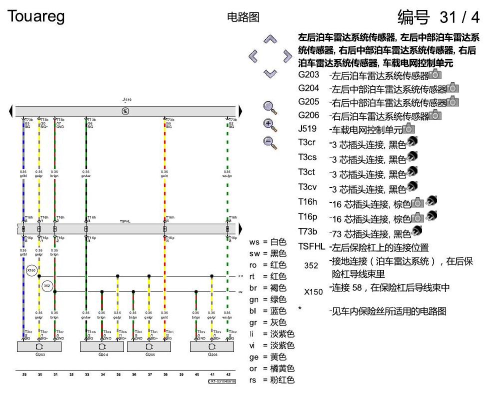进口大众途锐 泊车雷达系统(PDC) , (FT0) 电路图
