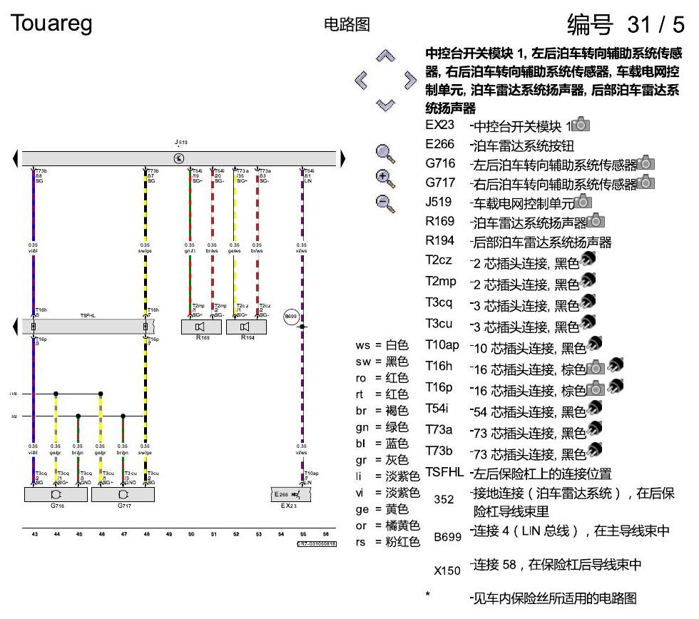 进口大众途锐 泊车雷达系统(PDC) , (FT0) 电路图