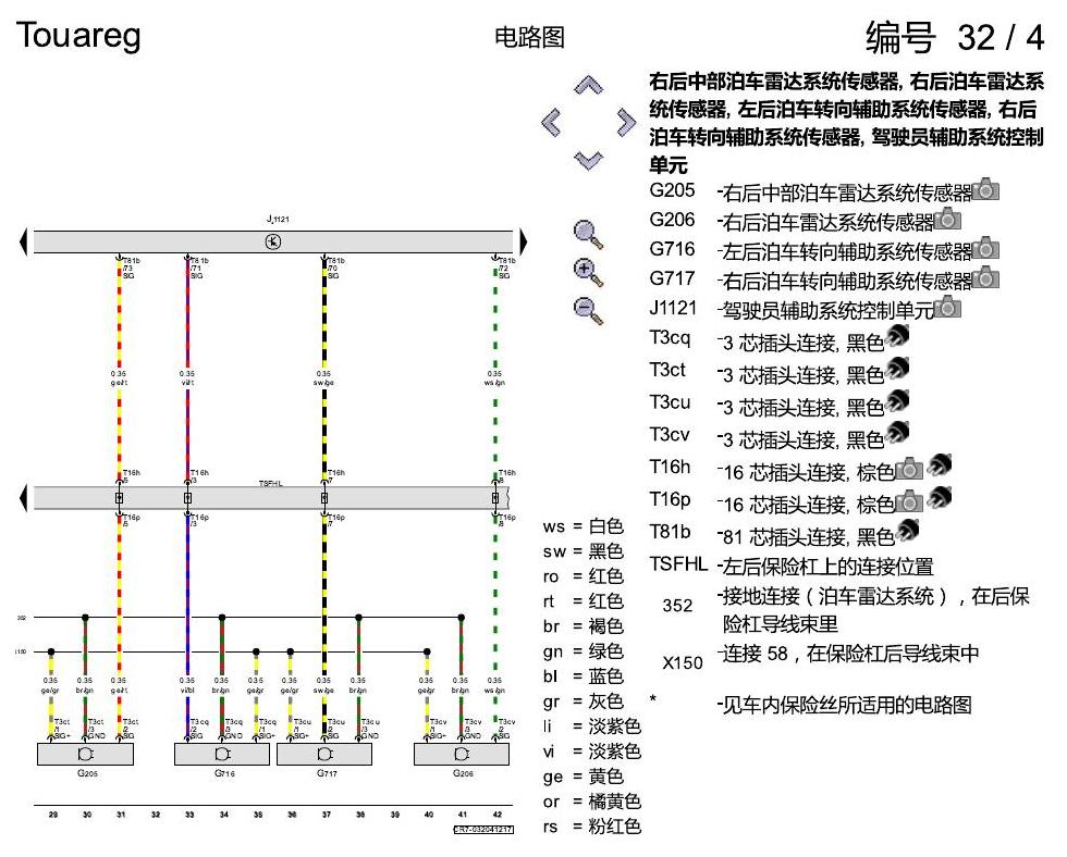 进口大众途锐 泊车雷达系统(PDC) , (FT1) 电路图