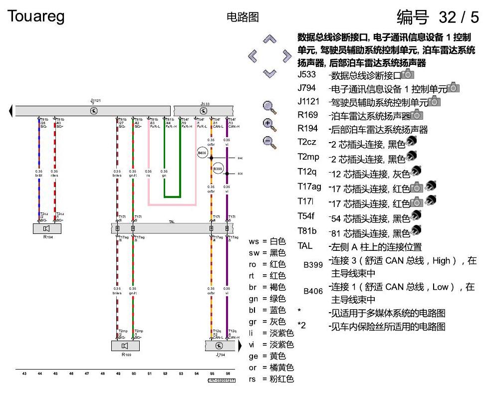 进口大众途锐 泊车雷达系统(PDC) , (FT1) 电路图
