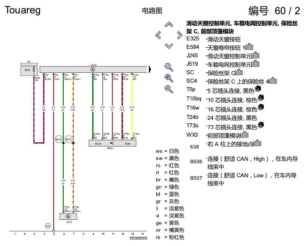 进口大众途锐 滑动外翻式天窗 电路图