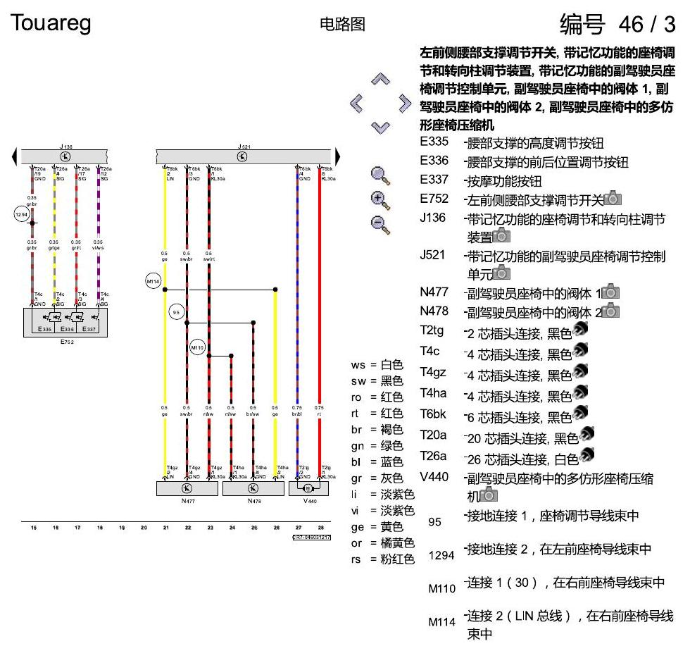 进口大众途锐 腰部支撑调节装置 , (8I6) 电路图