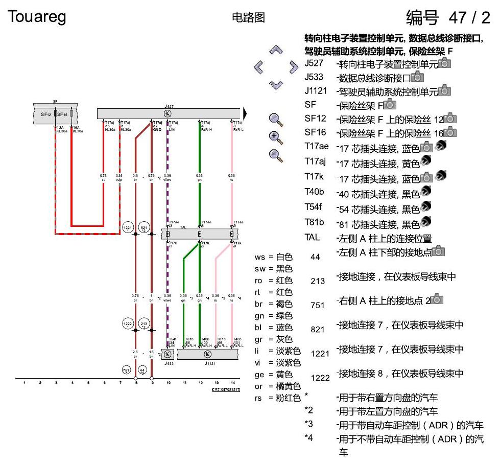 进口大众途锐 转向柱电子装置 , (2ZH),(2ZW) 电路图