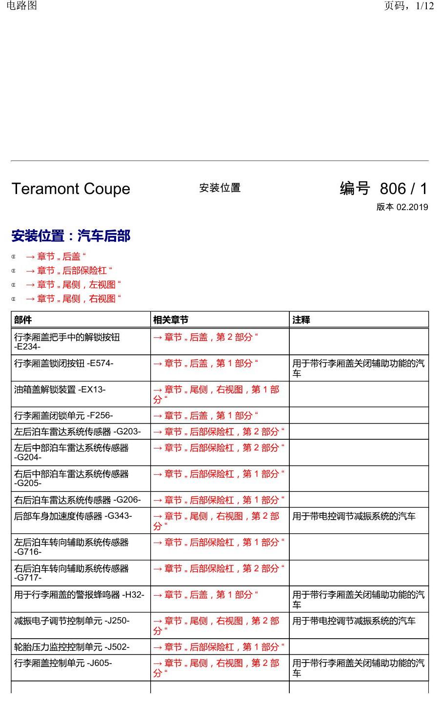 上海大众19途昂 安装位置 汽车后部 电路图
