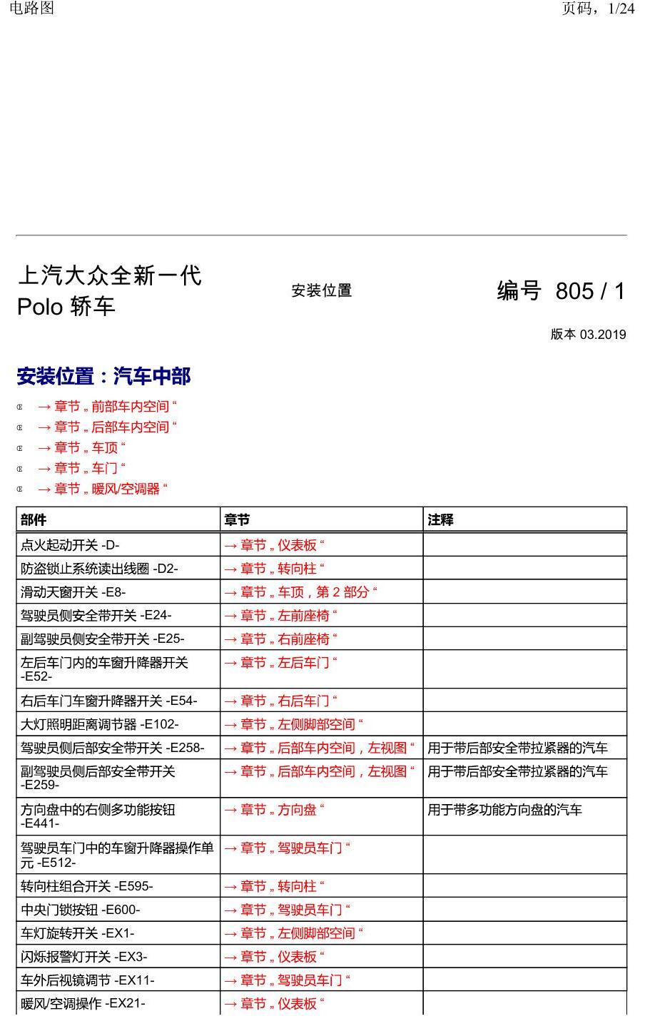 上海大众2020 POLO 安装位置 汽车中部 电路图