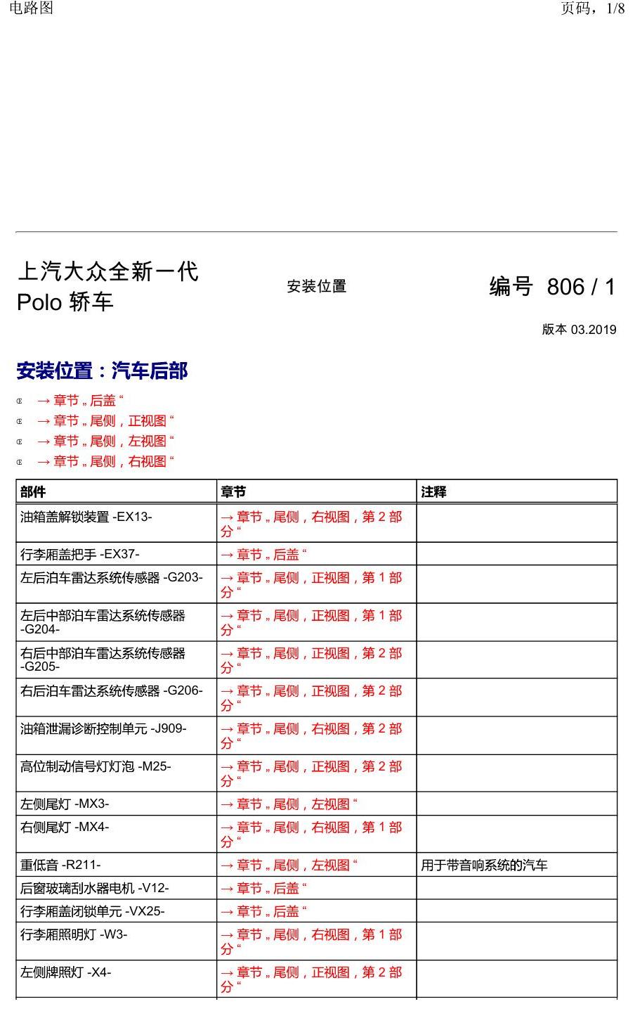 上海大众2020 POLO 安装位置 汽车后部 电路图