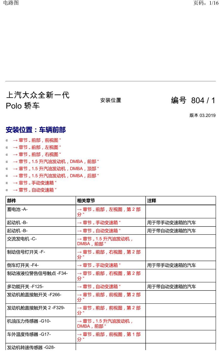 上海大众2020 POLO 安装位置 车辆前部 电路图