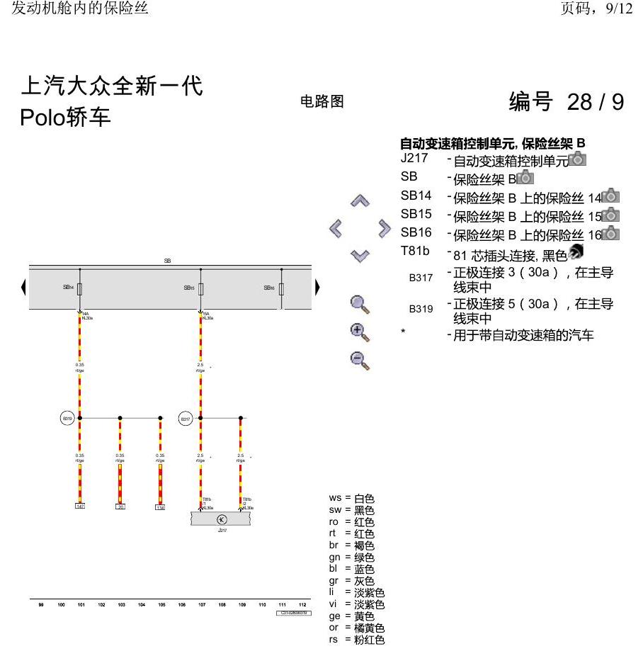 上海大众2020 POLO 电路图 发动机舱内的保险丝 电路图
