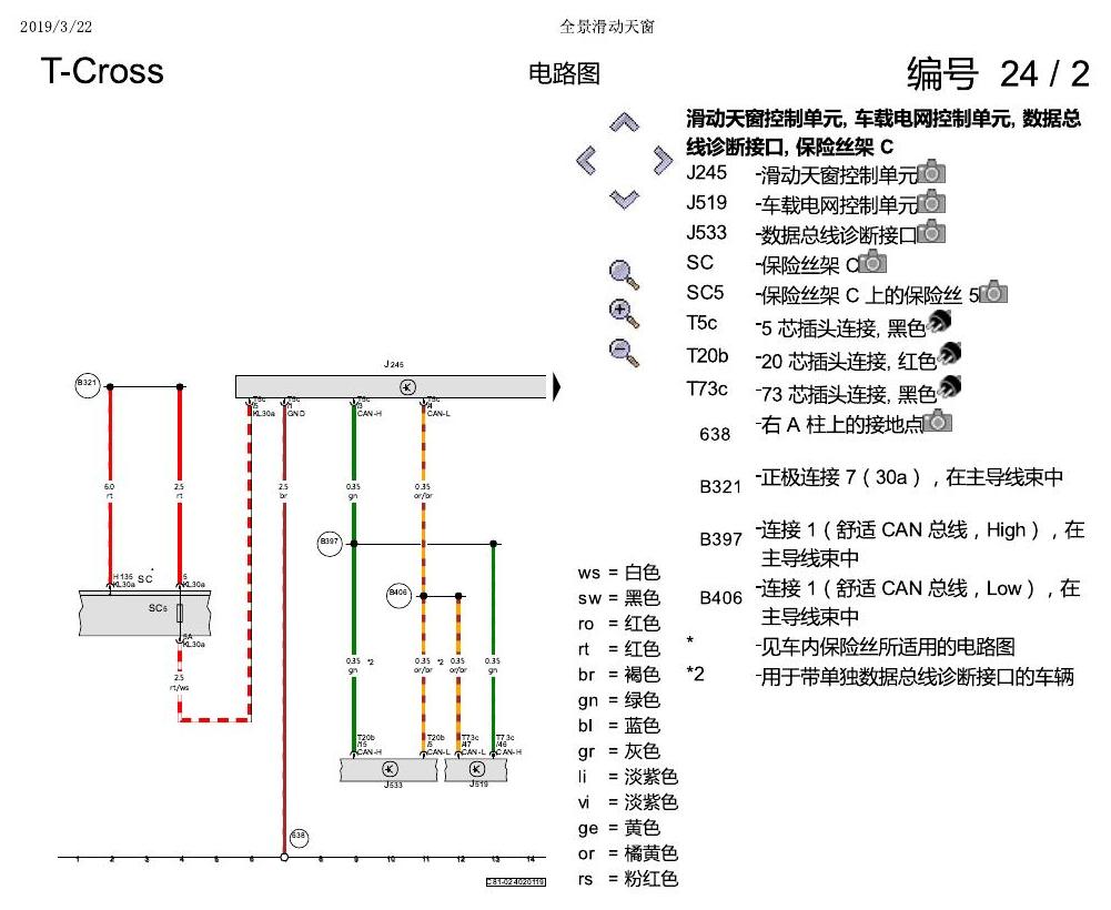上海大众T-Cross 全景滑动天窗 电路图