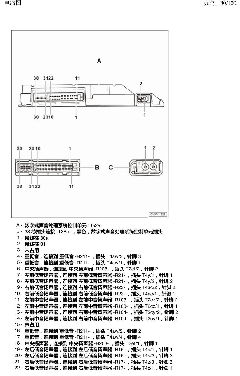 上海大众新帕MQB 安装位置 汽车中部的控制单元 电路图