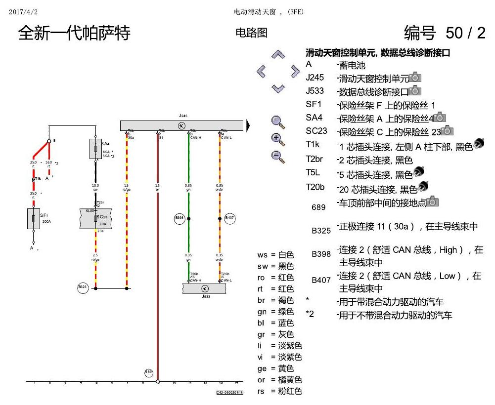 上海大众新帕MQB 电动滑动天窗 电路图