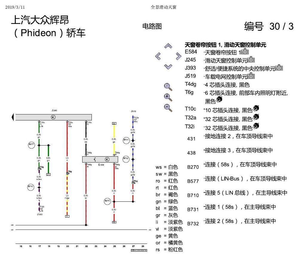 上海大众辉昂 全景滑动天窗 电路图