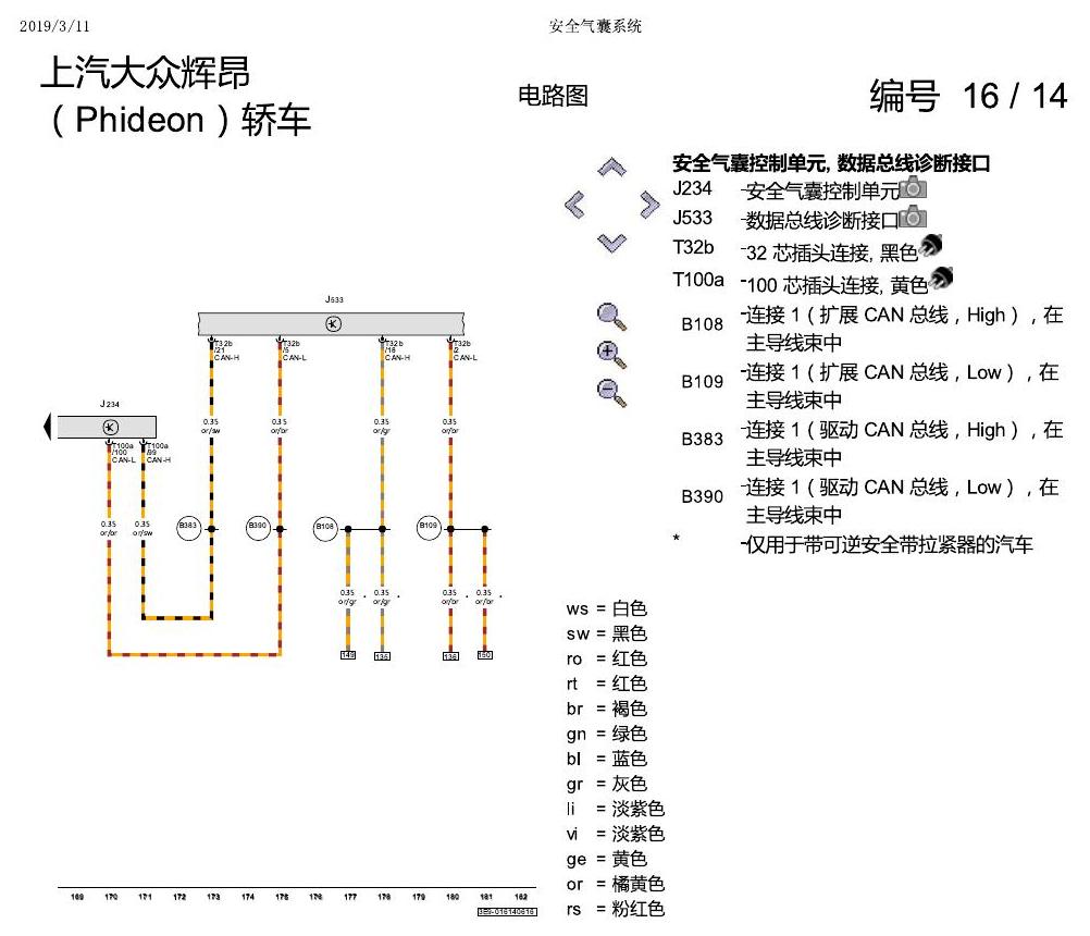 上海大众辉昂 安全气囊 电路图