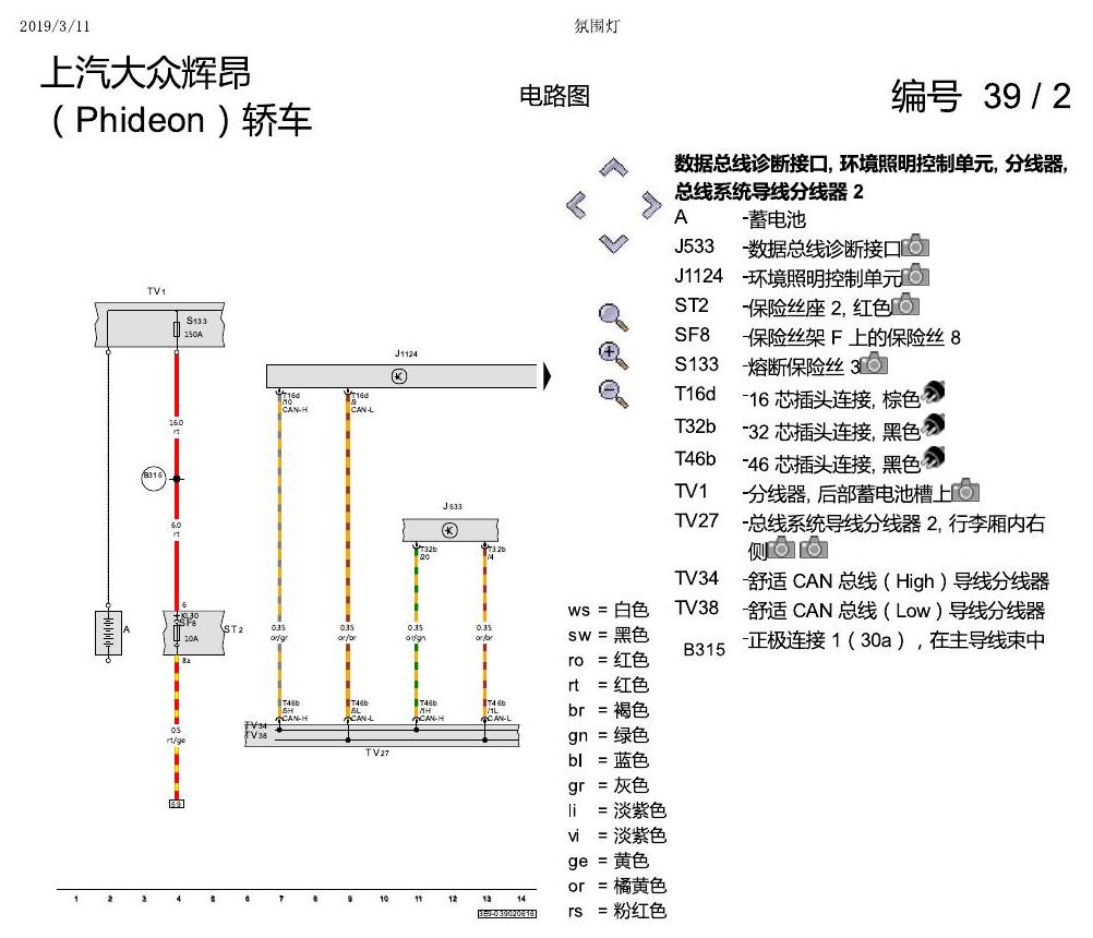 上海大众辉昂 氛围灯 电路图