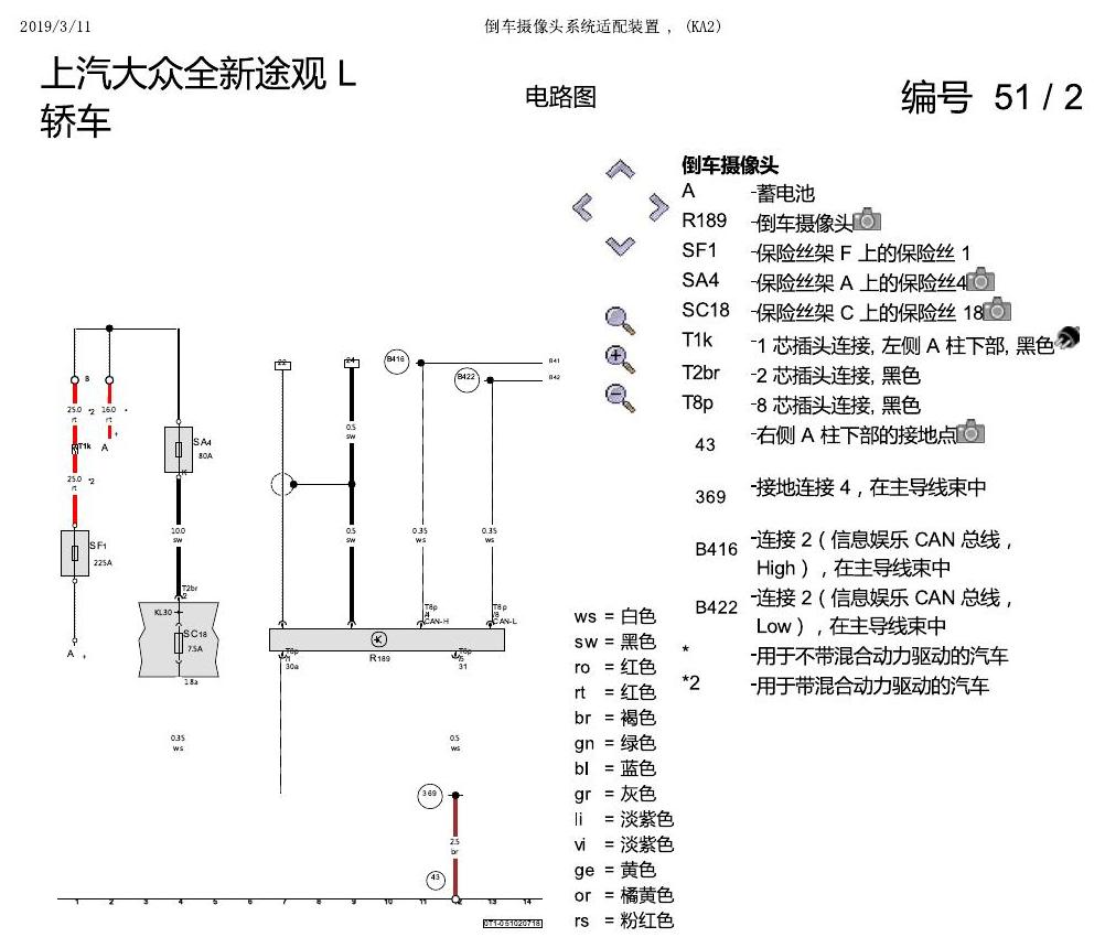 上海大众途观 倒车摄像头 KA2 电路图