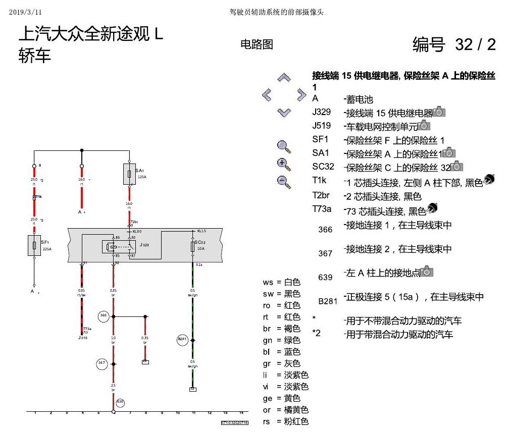上海大众途观 前部摄像头 电路图