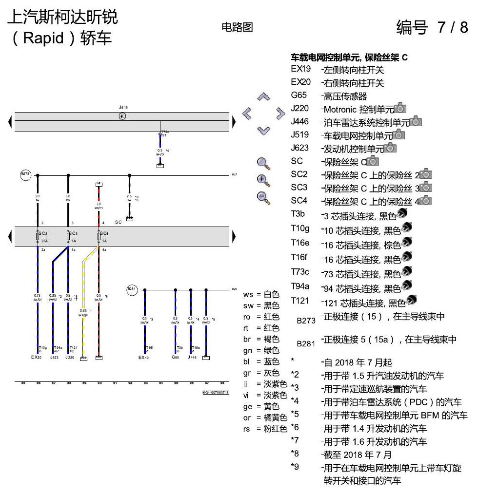 斯柯达18款新锐 保险丝配置 电路图