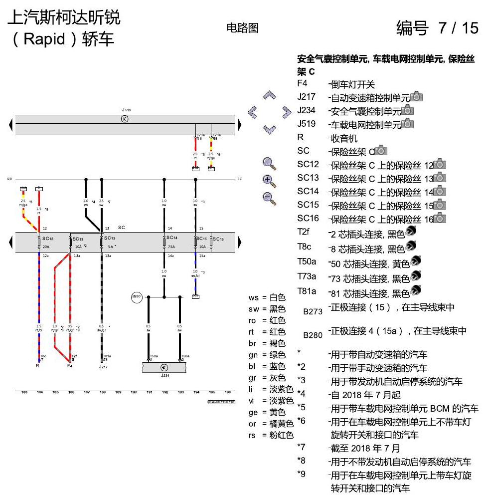 斯柯达18款新锐 保险丝配置 电路图