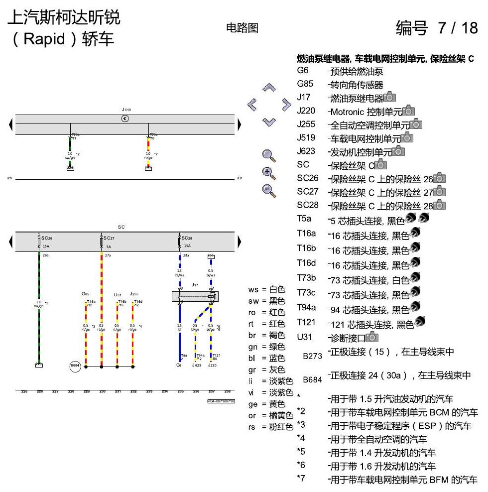 斯柯达18款新锐 保险丝配置 电路图