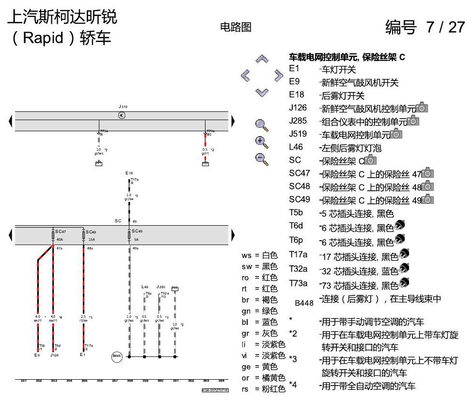 斯柯达18款新锐 保险丝配置 电路图