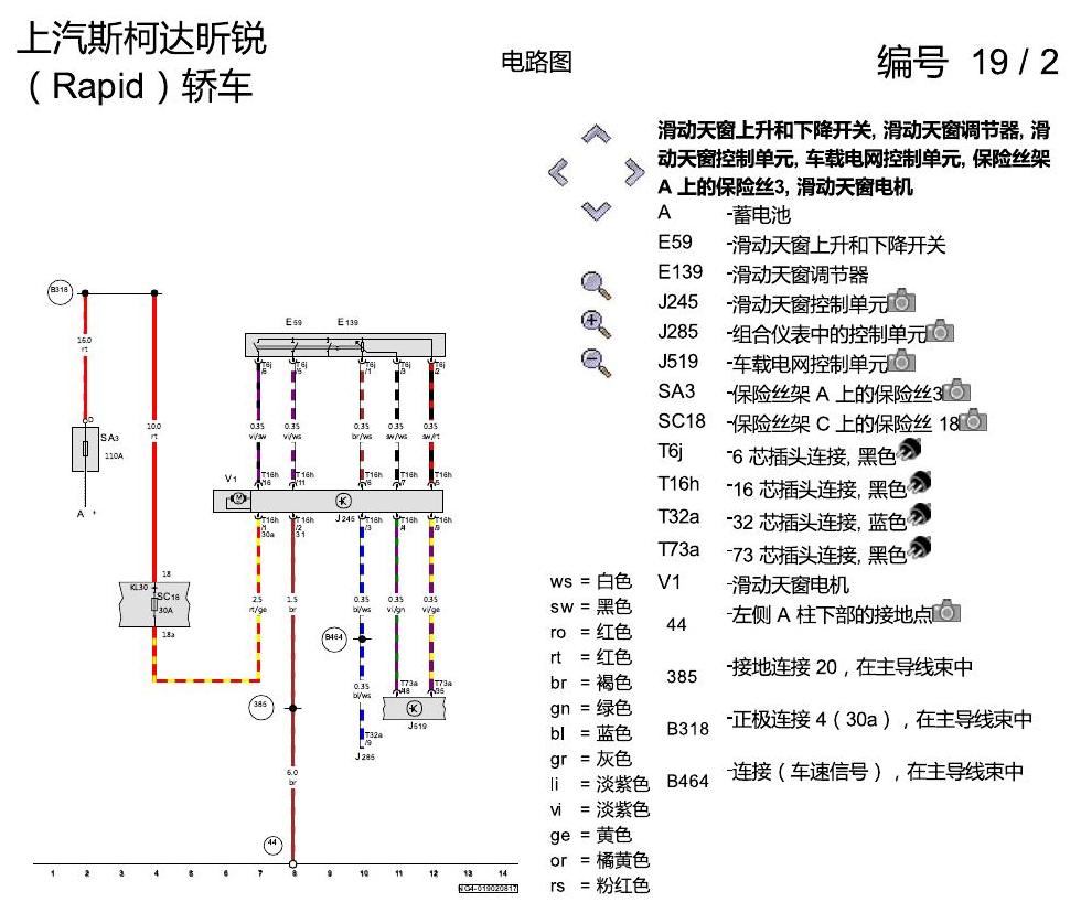 斯柯达18款新锐 电动滑动天窗 电路图