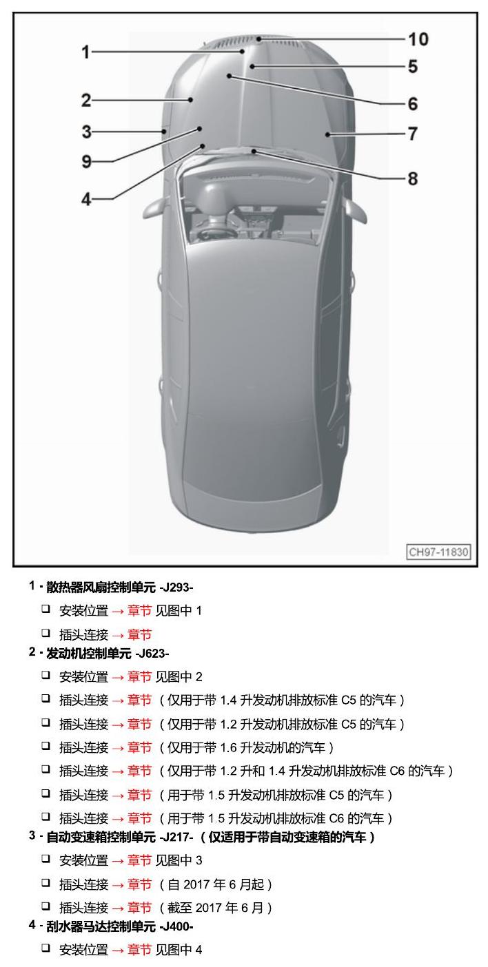 斯柯达明锐 MQB 安装位置 发动机舱内的控制器 电路图