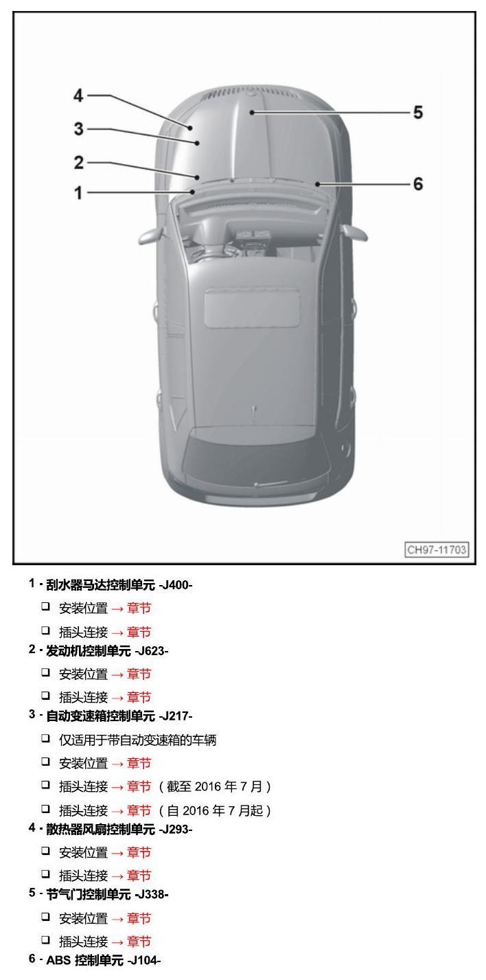 斯柯达晶锐 16后 安装位置 发动机舱内的控制器 电路图