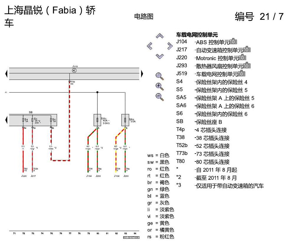 斯柯达晶锐16前 保险丝配置 电路图