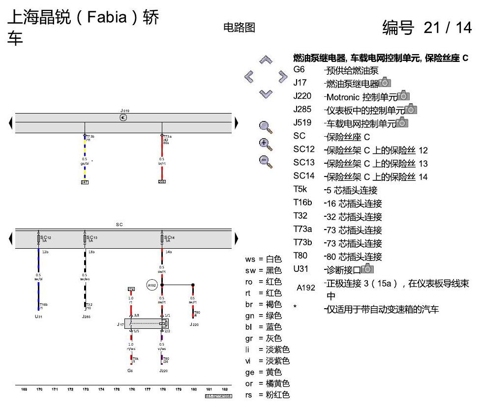 斯柯达晶锐16前 保险丝配置 电路图