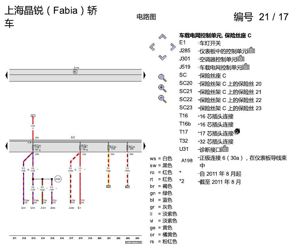 斯柯达晶锐16前 保险丝配置 电路图