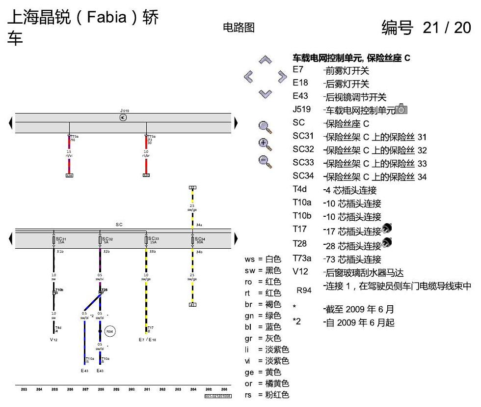 斯柯达晶锐16前 保险丝配置 电路图