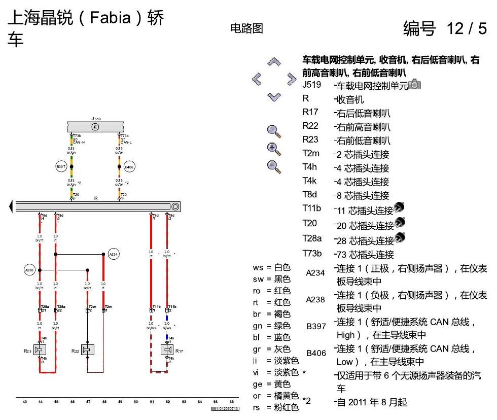 斯柯达晶锐16前 收音机装置 RCN 210 电路图